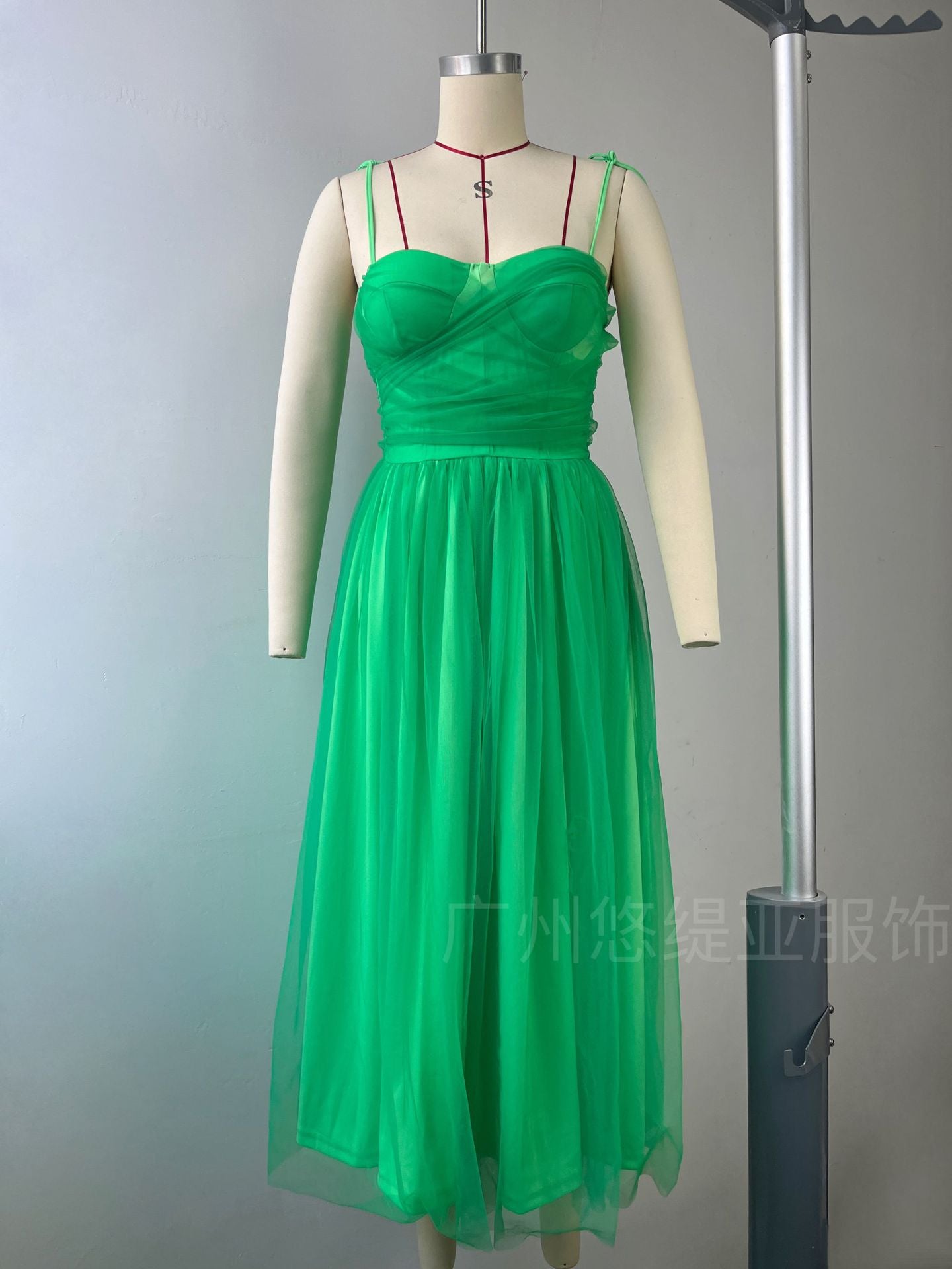 Zendea Women's Mesh Spaghetti Strap Midi Dress A-Line Party Dress Pink & Green