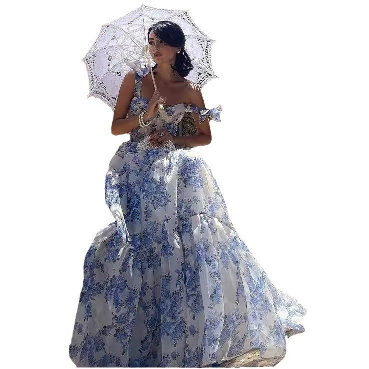 Zendea Women's Strapless Floral Organza Maxi Evening Dress Sleeveless Formal Gown