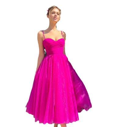 Zendea Women's Mesh Spaghetti Strap Midi Dress A-Line Party Dress Pink & Green