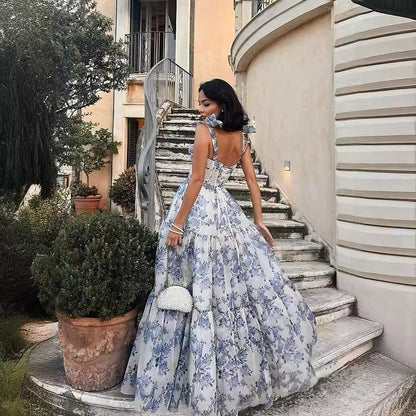 Zendea Women's Strapless Floral Organza Maxi Evening Dress Sleeveless Formal Gown