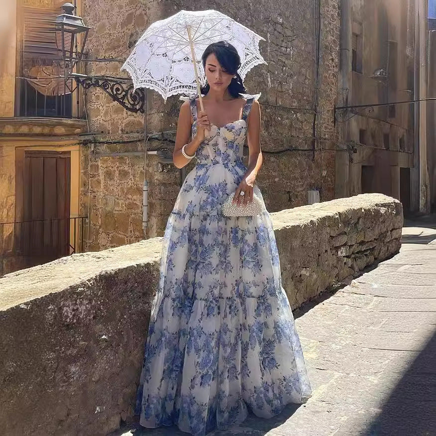 Zendea Women's Strapless Floral Organza Maxi Evening Dress Sleeveless Formal Gown