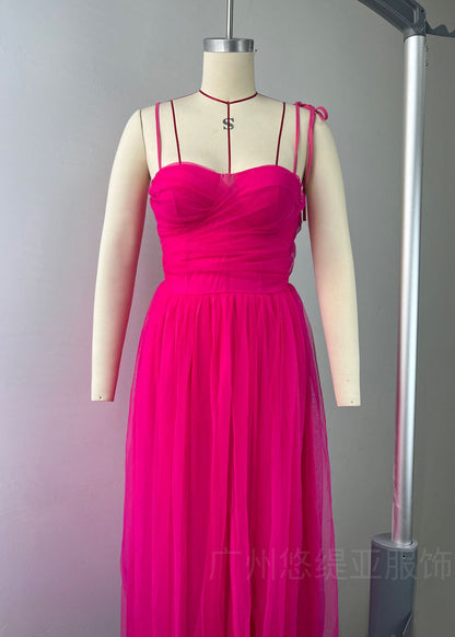 Zendea Women's Mesh Spaghetti Strap Midi Dress A-Line Party Dress Pink & Green