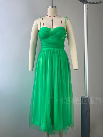 Zendea Women's Mesh Spaghetti Strap Midi Dress A-Line Party Dress Pink & Green