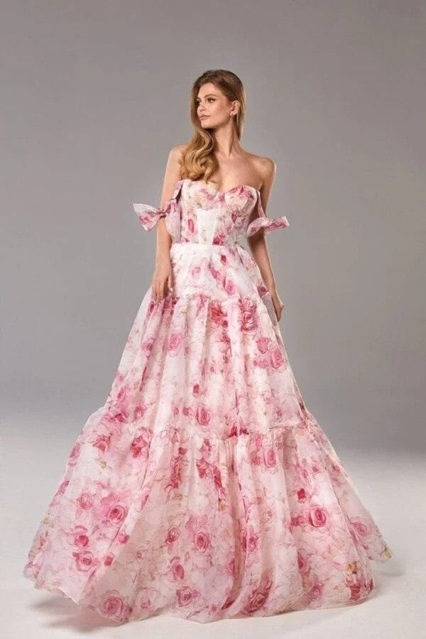 Zendea Women's Strapless Floral Organza Maxi Evening Dress Sleeveless Formal Gown